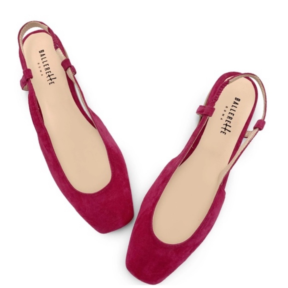 BALLERETTE • Fuchsia Suede Square Toe Slingback Ballet Flats Made In Italy - Picture 5 of 7